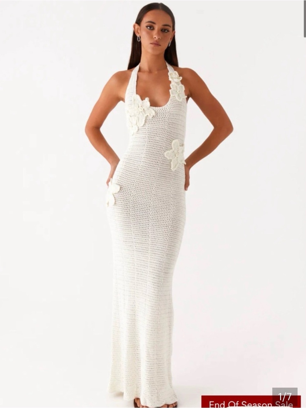 Peppermayo White Crochet Halter Maxi Dress with Floral Appliqué